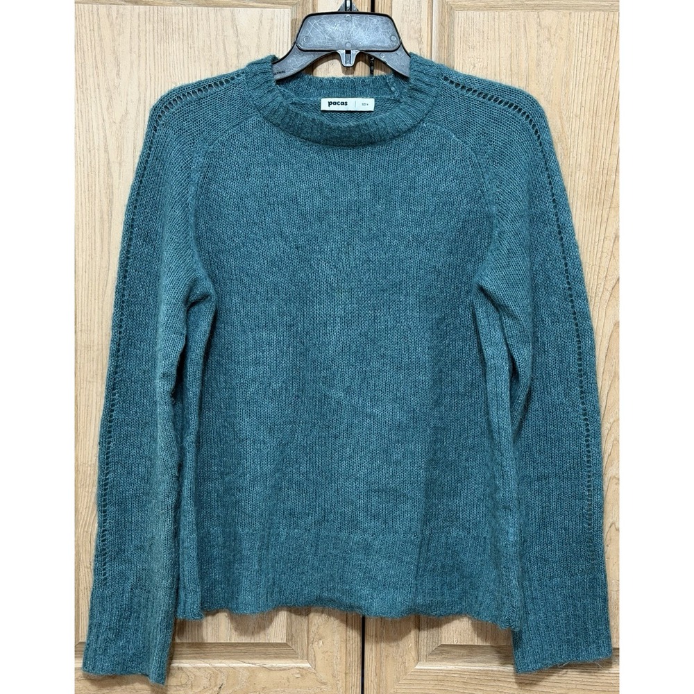 Pacas Baby Alpaca Merino Wool Sweater  Women's Medium Teal Crewneck Open Knit